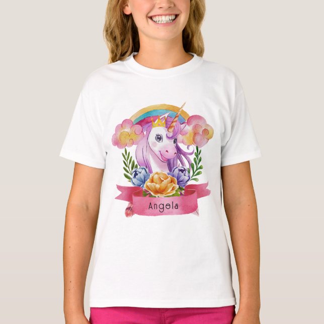 Girls Cute Lila Unicorn Rainbow eget namn T Shirt (Framsida)