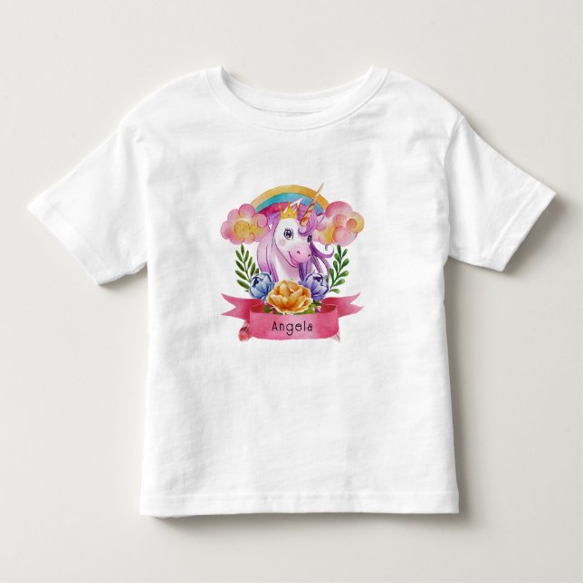 Girls Cute Lila Unicorn Rainbow eget namn T Shirt (Framsida)