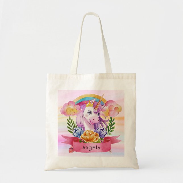 Girls Cute Lila Unicorn Rainbow eget namn Tygkasse (Framsidan)