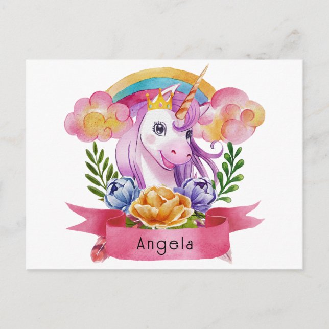 Girls Cute Lila Unicorn Rainbow eget namn Vykort (Framsida)