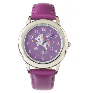 Girls Cute Lila Unicorn Rainbow & Namn Kids Armbandsur