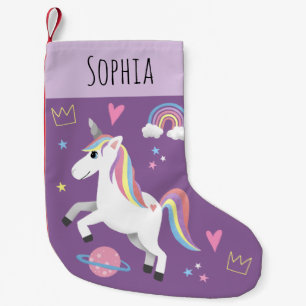 Girls Cute Lila Unicorn Rainbow & Namn Kids Liten Julstrumpa