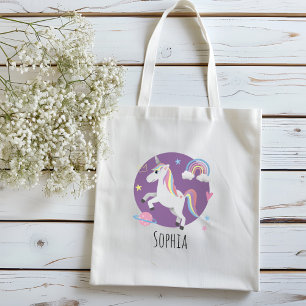 Girls Cute Lila Unicorn Rainbow & Namn Kids Tygkasse