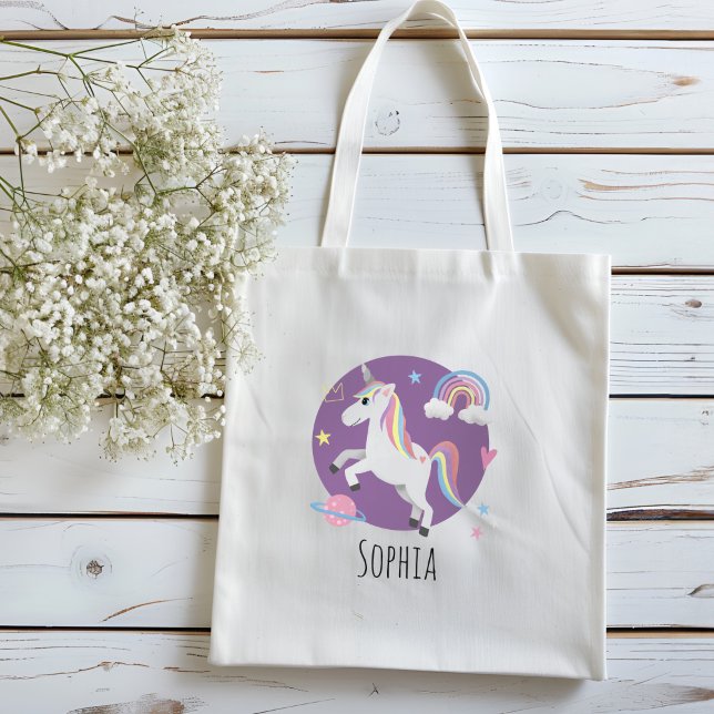 Girls Cute Lila Unicorn Rainbow & Namn Kids Tygkasse (Skapare uppladdad)