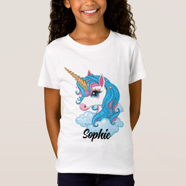Girls Cute Magic Blue Unicorn & Namn T-Shirt (Framsida)