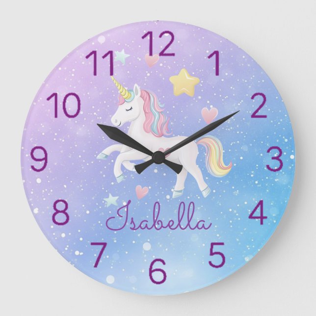 Girls Cute Magic Unicorn Personlig Stor Klocka (Framsida)