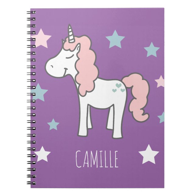 Girls Cute Magical Purple Unicorn Kids School Anteckningsbok (Framsidan)