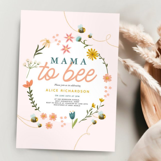 Girls Cute Mamma till Bee Wildblomma Baby Shower Inbjudningar (Skapare uppladdad)