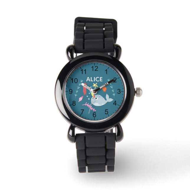 Girls Cute Modern Rainbow Narwhal och Namn Kids Armbandsur (Framsida)