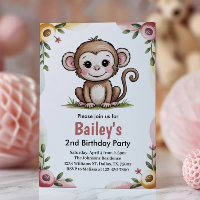 Girls Cute Monkey Jungle Birthday Party Inbjudningar (Skapare uppladdad)
