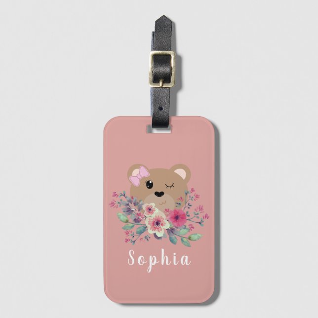 Girls Cute Nalle  Rosa Namn Kids Bagagebricka (Framsida vertikal)