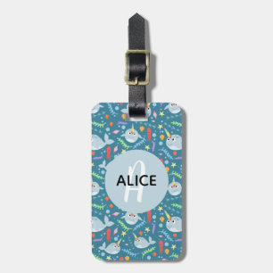 Girls Cute Narwhal Mönster Monogram Namn Kids Bagagebricka
