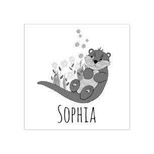 Girls Cute Otter Tecknad Flowers & Namn bokplåt Stämpel