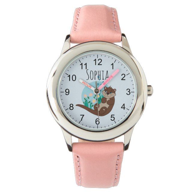 Girls Cute Otter Tecknad Flowers och Namn Kids Armbandsur (Framsida)