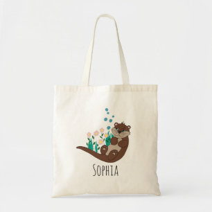 Girls Cute Otter Tecknad Flowers och Namn Kids Tygkasse