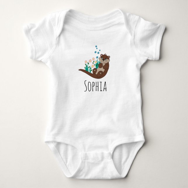 Girls Cute Otter Tecknad Flowers och Namn T Shirt (Framsida)