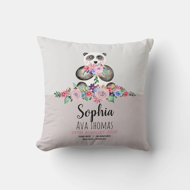 Girls Cute Panda och Flowers Birth Stats Nursery Kudde (Framsida)