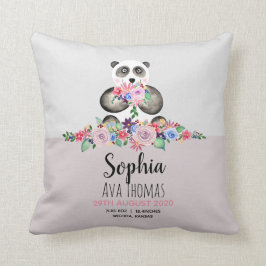 Girls Cute Panda och Flowers Birth Stats Nursery Kudde