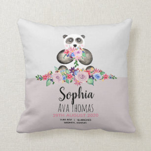 Girls Cute Panda och Flowers Birth Stats Nursery Kudde