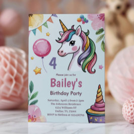 Girls Cute Pastel Unicorn Kids 4e födelsedagen Inbjudningar
