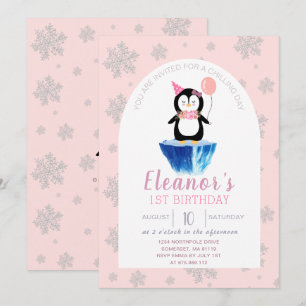 Girls Cute Penguin Winter Rosa Birthday Inbjudningar