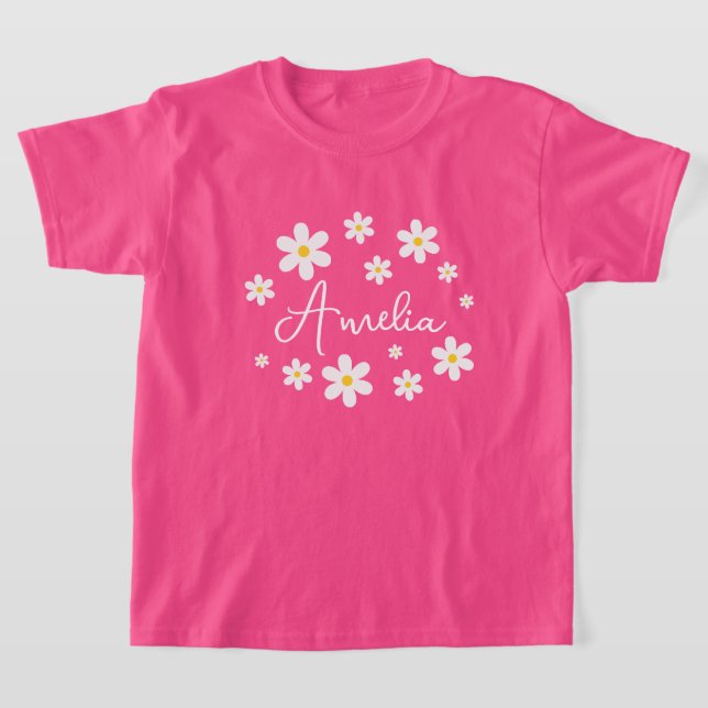 Girls Cute Personalised Floral Daisy Pink T-Shirt (Laydown)