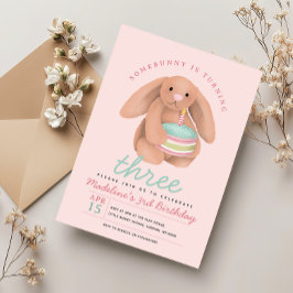 Girls Cute Pink Bunny Cake Birthday Inbjudningar