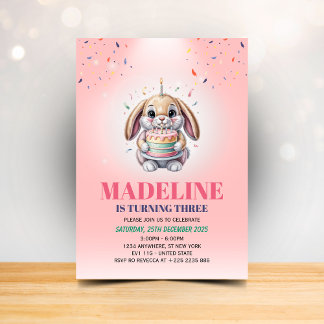 Girls Cute Pink Bunny Cake Birthday Invitation Inbjudningar
