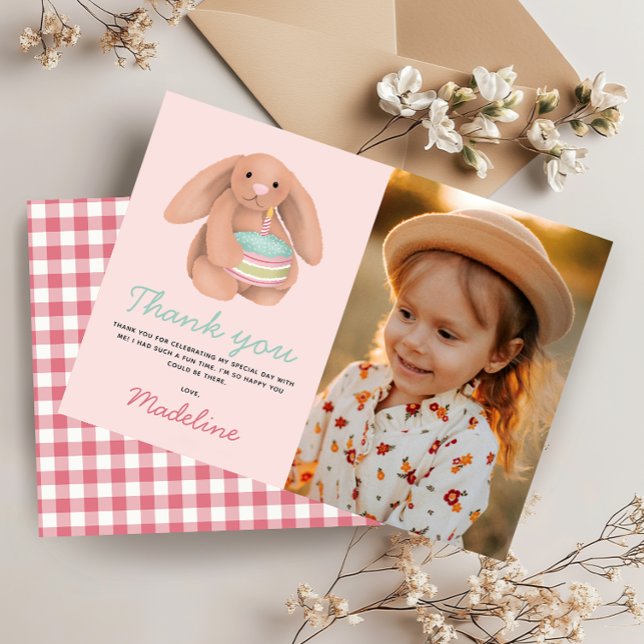 Girls Cute Pink Bunny Photo Kids Birthday  Tack Kort (Skapare uppladdad)