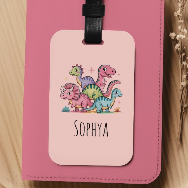 Girls Cute Pink Dinosaur Kids Bagagebricka (Skapare uppladdad)