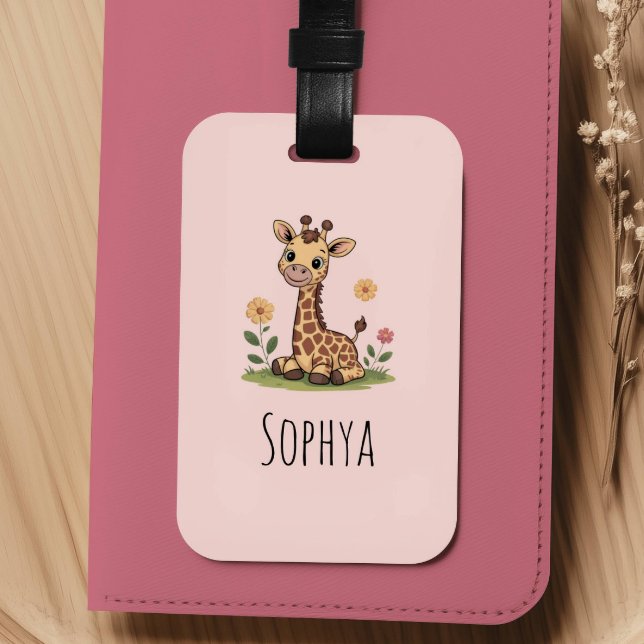 Girls Cute Pink Giraffe Kids Bagagebricka (Skapare uppladdad)