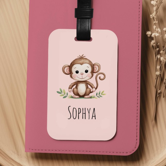 Girls Cute Pink Monkey Kids Bagagebricka (Skapare uppladdad)