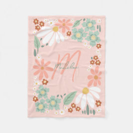 Girls Cute Pink Retro Wildflower Monogrammed Fleecefilt