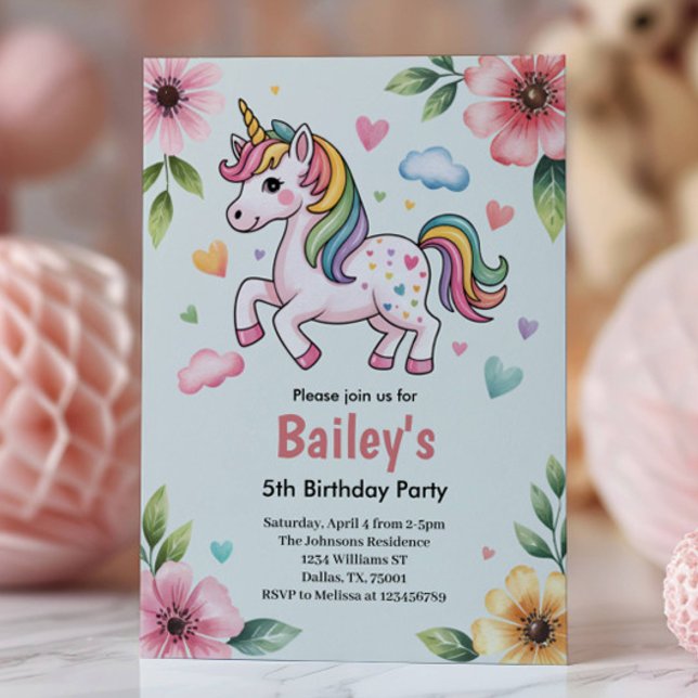 Girls Cute Pink Unicorn Kids 5th Birthday Party Inbjudningar (Skapare uppladdad)