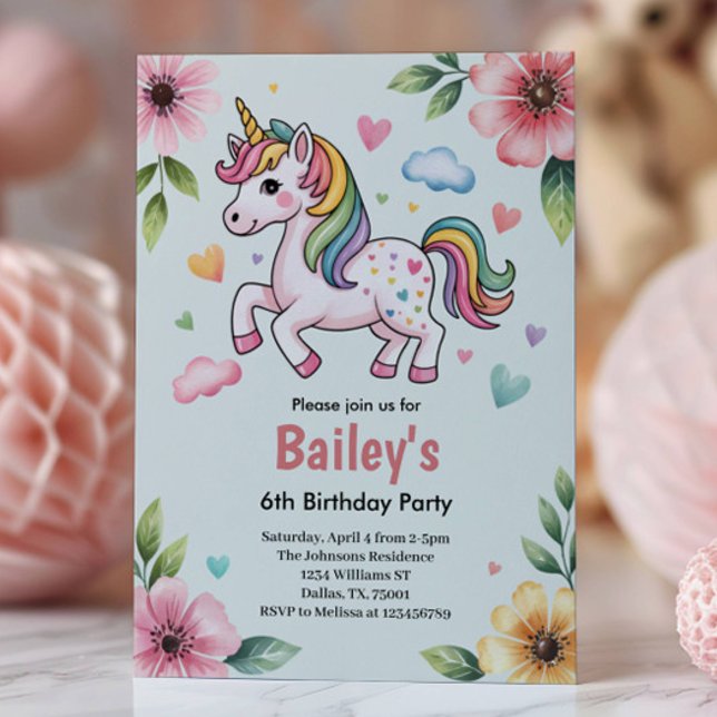 Girls Cute Pink Unicorn Kids 6th Birthday Party Inbjudningar (Skapare uppladdad)