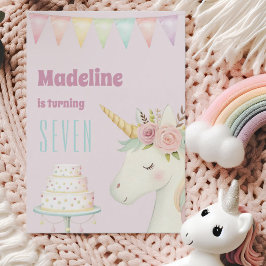 Girls Cute Pink Unicorn Seventh Birthday Inbjudningar