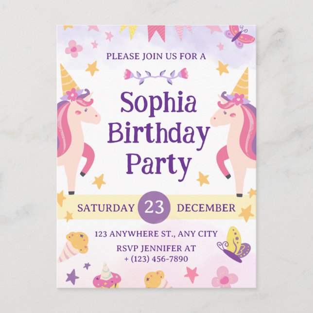 Girls Cute Purple Unicorn Kids 1th Birthday Vykort (Framsida)