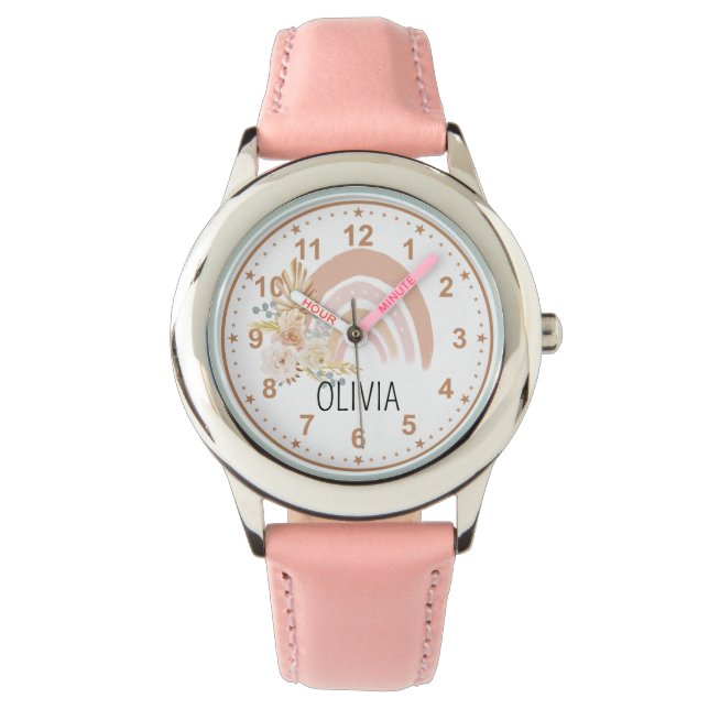 Girls Cute Rainbow Boho Flowers Rosa Anpassat namn Armbandsur (Framsida)