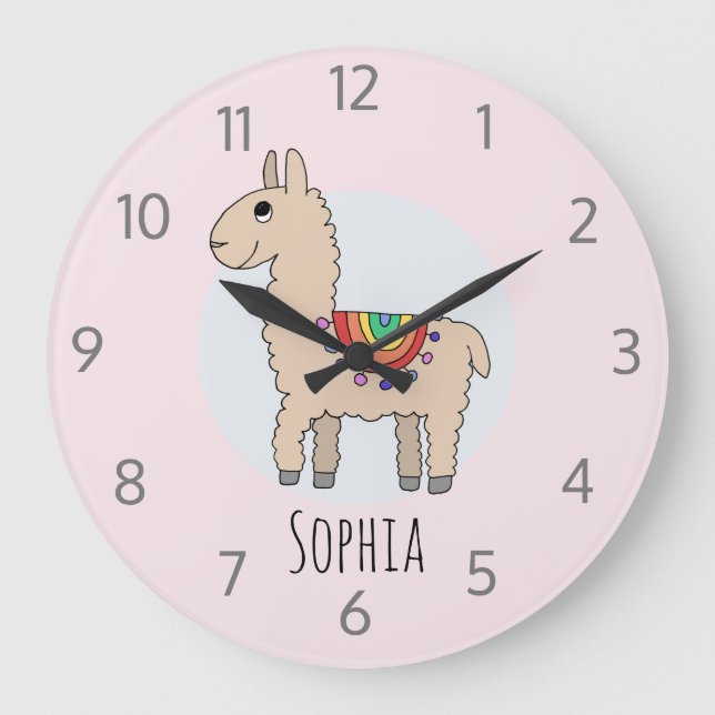 Girls Cute Rainbow Llama Tecknad och Namn Kids Stor Klocka (Framsida)