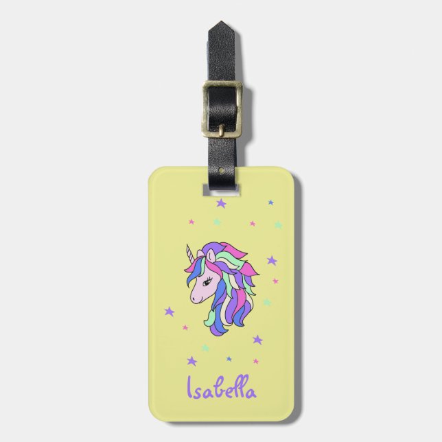 Girls Cute Rainbow Magic Unicorn & Custom Name Bagagebricka (Vertikal Framsida)