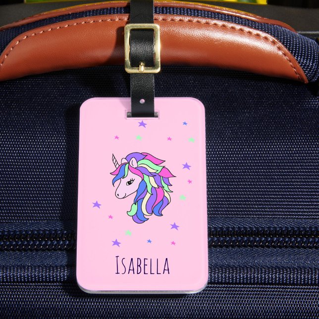 Girls Cute Rainbow Magic Unicorn & Custom Name Bagagebricka (Skapare uppladdad)