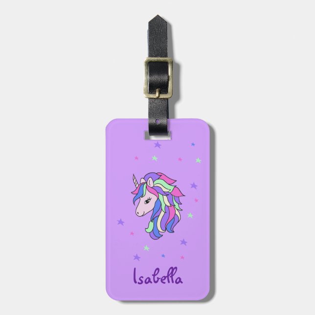 Girls Cute Rainbow Magic Unicorn & Custom Name Bagagebricka (Vertikal Framsida)