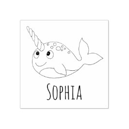 Girls Cute Rainbow Narwhal & Namn School Bookplate Stämpel
