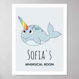 Girls Cute Rainbow Narwhal Tecknad Namn Kids Room Poster