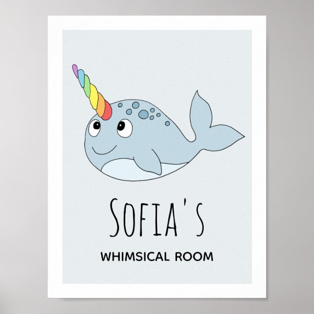 Girls Cute Rainbow Narwhal Tecknad Namn Kids Room Poster (Framsidan)