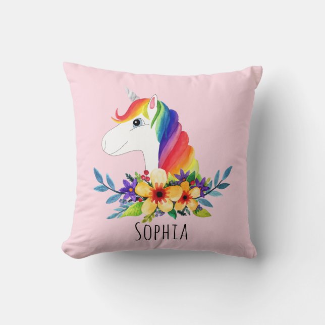 Girls Cute Rainbow Unicorn och Namn Kids Kudde (Framsida)