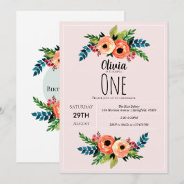 Girls Cute Rosa 1:a födelsedag Vattenfärgsblommor Inbjudningar