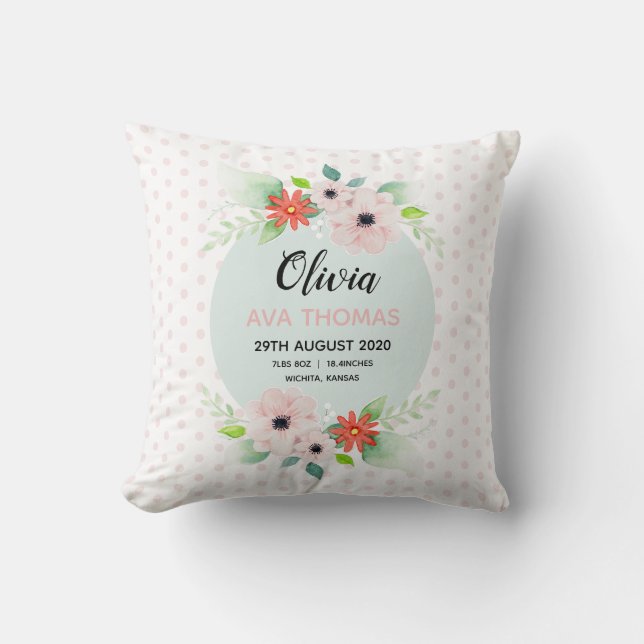 Girls Cute Rosa Blommigt Birth Stats Nursery Kudde (Framsida)