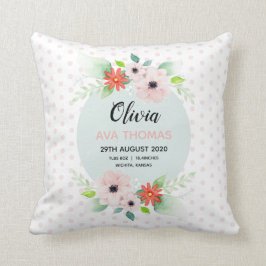 Girls Cute Rosa Blommigt Birth Stats Nursery Kudde