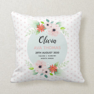 Girls Cute Rosa Blommigt Birth Stats Nursery Kudde